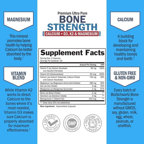 Bone Strength Calcium Supplement - 120 Veggie Capsules with Calcium, Vitamin D3, K2, C, Magnesium, Zinc for Optimal