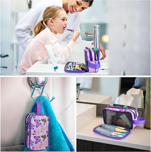 Kids Toiletry Bag for Girls, Waterproof Hanging Travel Cosmetic Bag for Little Girls, Butterfly Purple