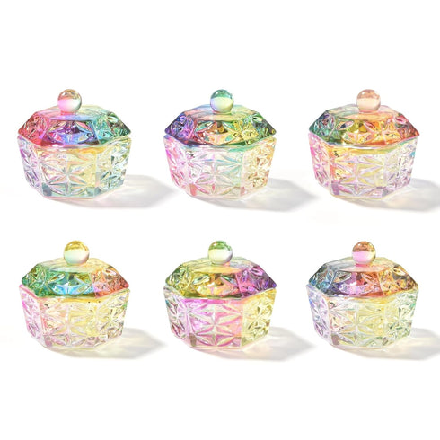 KADS 6Pcs Mini Colorized Glaze Nail Art Acrylic Liquid Powder Dappen Dish, Hexagon Shape Crystal Nail Dappen Dish with Cap Lid, Crystal Acrylic Liquid Powder Mini Glass Dish for Nail Art Manicure Care