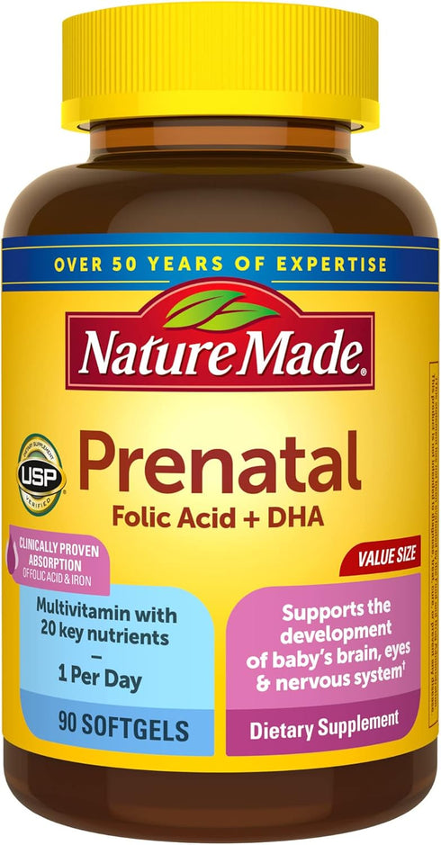 Nature Made Prenatal with Folic Acid + DHA, 90 Softgels, Prenatal Vitamin and Mineral Supplement for Daily Nutritional