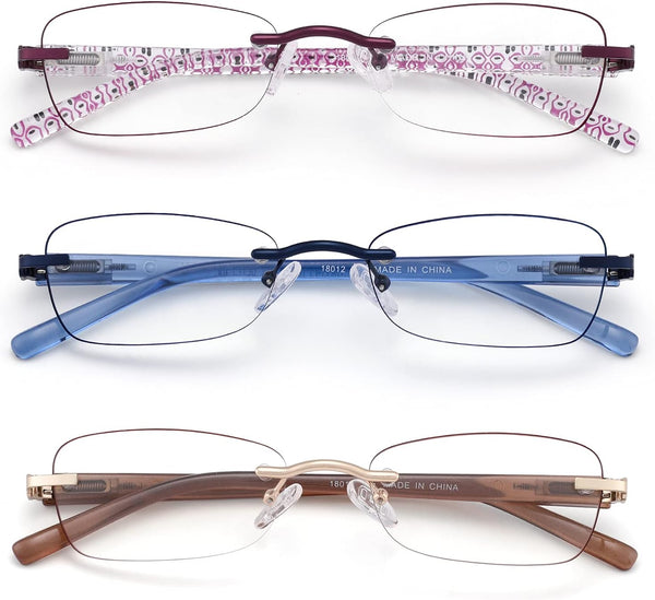 3 Pack Rimless Reading Glasses for Women, Blue Light Blocking Readers with Tinted Edge