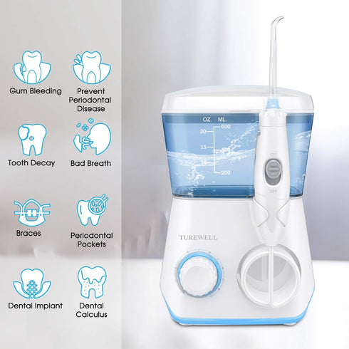 TUREWELL Water Flossing Oral Irrigator - 600ML Dental Cleaner with 10 Adjustable Pressure, 8 Tips