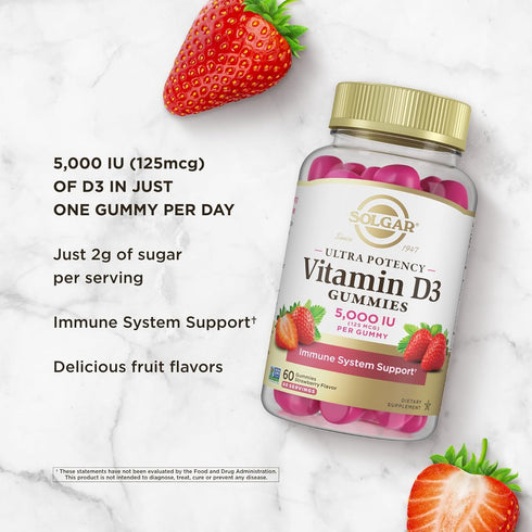 Solgar Vitamin D3 Gummies for Adults 5,000IU Ultra Potency - Immune System Support, Tasty Strawberry Flavor, 60 Servings