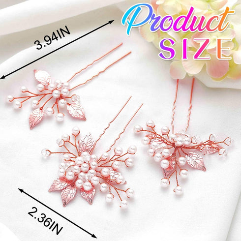 Heread Pearl Bride Wedding Hair Pins, Leaf Bridal Head Piece Flower Hair Accessories for Women and Girls (Pack of 3)