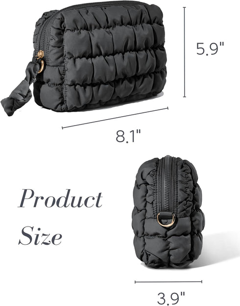 Quilted Makeup Bag, Travel Toiletry Bag for Women, Cute Black Puffer Makeup Organizer