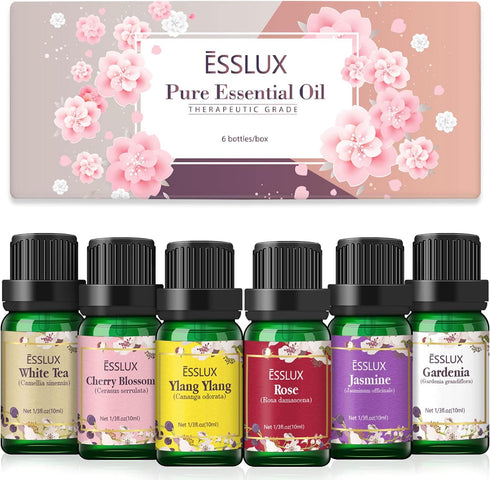 ESSLUX Essential Oils Set for Diffuser, Massage & Candle Making - Natural Scents, 6 * 10ml - Rose, Jasmine, Gardenia,