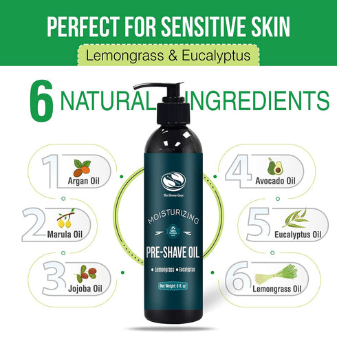 The Henna Guys 8 fl. Oz Lemongrass & Eucalyptus Pre Shave Oil for Men, Excellent for Burns Free Shave