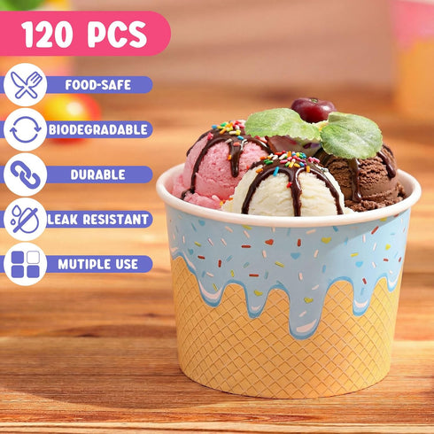 Jingmore 120 4/6/8 oz 6 Frozen Summer (6 oz) Pcs Ice Cream Bowls Paper Ice Cream Cups Containers Bulk Colors Disposable