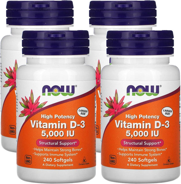 Now Foods Vitamin D-3 5,000 IU, High Potency, 240 Softgels (4 Pack)