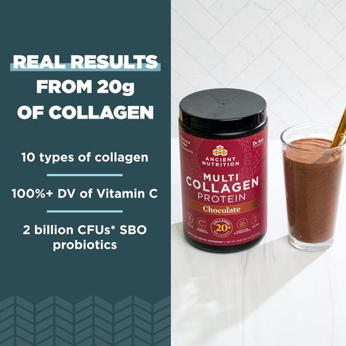 Ancient Nutrition Collagen Powder Protein, Multi Collagen Chocolate, 45 Servings, with Vitamin C, Hydrolyzed Peptides