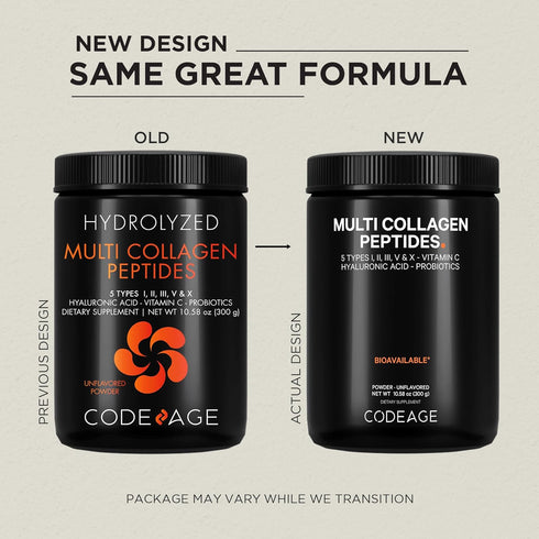 Codeage Multi Collagen Peptides + Probiotics Black Edition, Vitamin C, Hyaluronic Acid Powder Supplement, 10.58oz