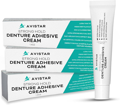 Extra Strong Denture Adhesive Cream, 12 Hour Hold, Waterproof, Zinc & Fluoride Free, Mint Flavor, 3 Pack, 4.2 Fl Oz