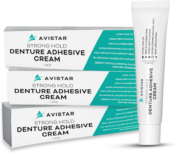 Extra Strong Denture Adhesive Cream, 12 Hour Hold, Waterproof, Zinc & Fluoride Free, Mint Flavor, 3 Pack, 4.2 Fl Oz