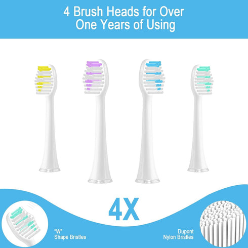Sonic Rechargeable Electric Toothbrush for Adults & Kids, 48,000VPM, 4 Replacement Brush Heads, White