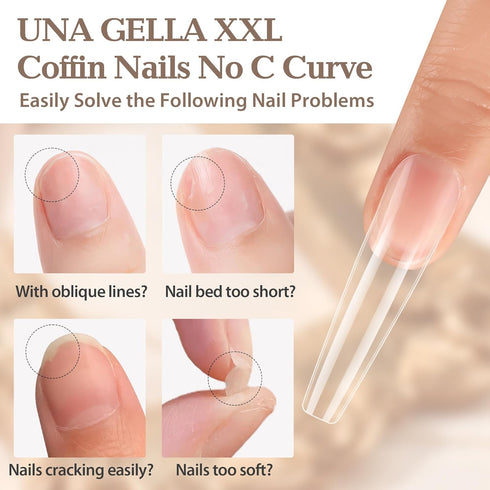 UNA GELLA XXL Coffin Nails Tips, Full Cover 216pcs Extra Long Clear Coffin Ballerina Nail Tips for DIY Art Salon