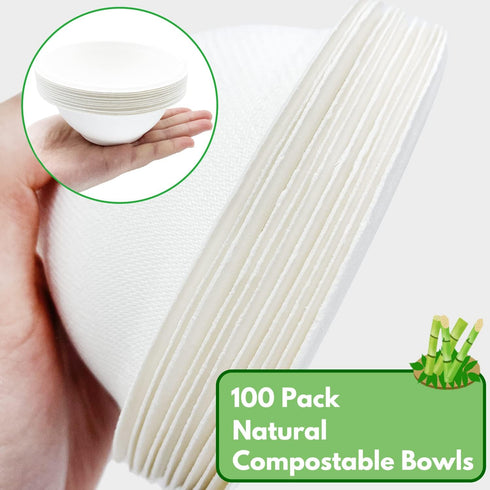 100 Pack White Disposable Paper Bowls, 8oz Natural Compostable Eco-friendly Biodegradable Bowls for Party