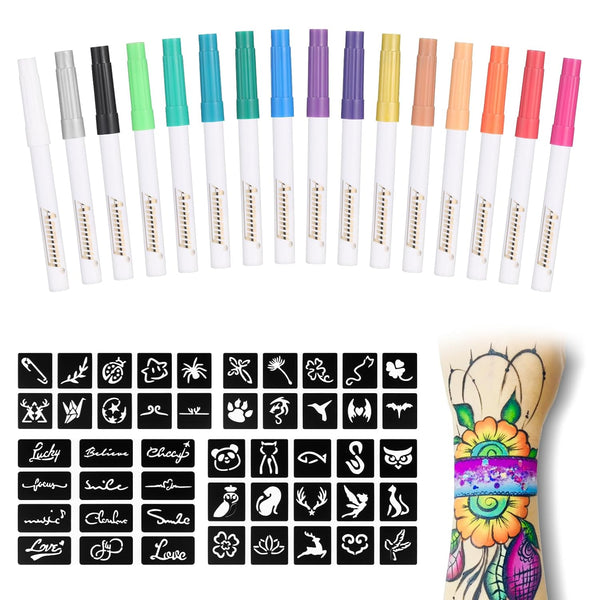 Temporary Tattoo Metallic Markers for Skin, 16-Count Body Markers + 77 Large Tattoo Stencils of Assorted Colors for Kids