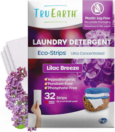 Tru Earth Compact Dry Laundry Detergent Sheets - Up to 64 Loads, 32 Sheets, Original Eco-Strip, Lilac Breeze