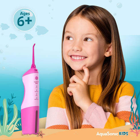 AquaSonic Kids' Water Flosser for Ages 6+, 4 Flossing Modes, Aquarium Adventures Theme (Pink)