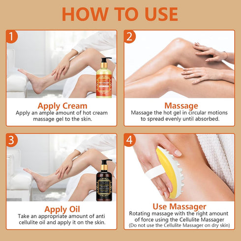 Set (8 Oz) Pjordo Anti Cellulite Massage Oil & Hot Cream with Massager, Natural Cellulite Remover, Oil & Massager