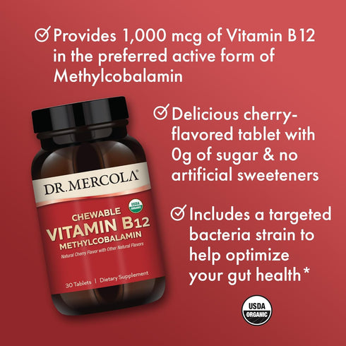 Dr. Mercola Organic Chewable Vitamin B12, 30 Servings (30 Tablets) - Natural Cherry Flavor, Energy Production Support