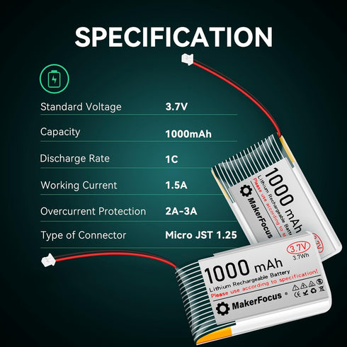 MakerFocus 4pcs 3.7V Lithium Rechargeable Battery - JST1.25 Connector, 1000mAh with Protection Board
