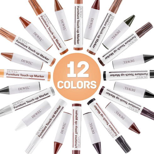 DEWEL 12 Colors Wood Furniture Markers & Filler Sticks Repair Kit - Touch Up Markers for Damaged Wooden Surfaces