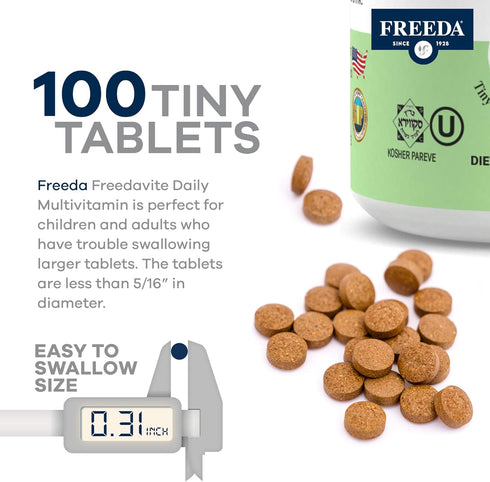 Freedavite Tiny Tablet - Moderate Multivitamin for Men and Women, 100 Count, Vitamins A, C, D, E, B1, B2, B6, B12