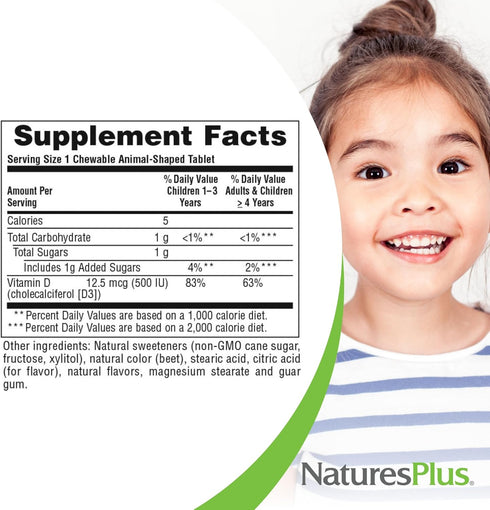 Natures Plus Animal Parade Vitamin D3 Children’s Chewables - Black Cherry Flavor - 90 Tablets, Pack of 2 - Gluten Free