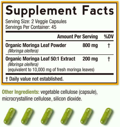 Doctor's Recipes Moringa Capsules, Made with Moringa Powder Organic, 10,800 mg Strength Per Serving, 50:1 Extract, Green Superfood, Skin, Immune & Joint Support, Non-GMO, 90 Caps, No Caffeine
