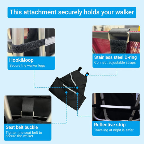 24.4" 25W 11.4D Walker Holder for Mobility Scooters & Power Chairs - Rollator Stand Support Storage Accessories, L x x