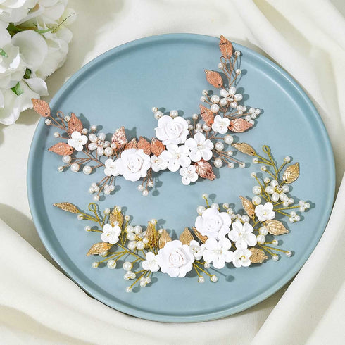 Unicra Gold Flower Bride Wedding Hair Vine - Pearl Bridal Hair Piece Leaf Hair Accessories Rhinestone Headband