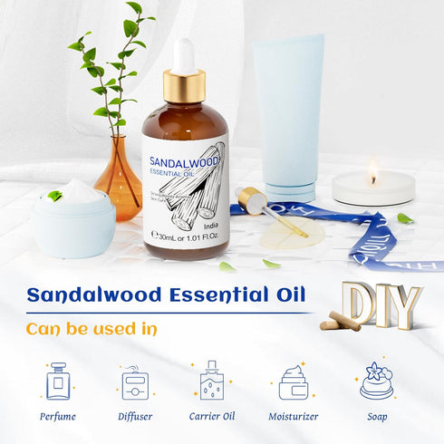 HIQILI Sandalwood Essential Oil 1 Fl Oz, 100% Pure Natural Therapeutic Grade for Skin, Diffuser, Candle Making