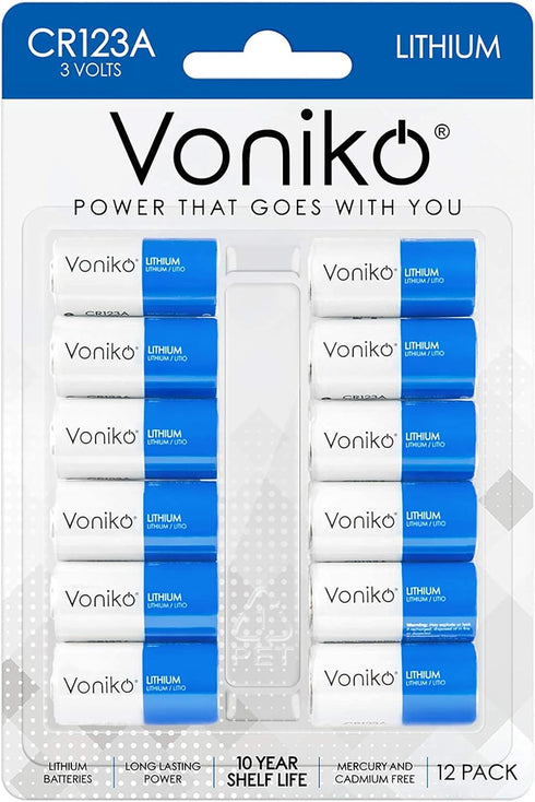 Voniko CR123A Lithium Batteries 12-Pack, Non-Rechargeable 3 Volt 123 Battery with 10 Years Shelf Life