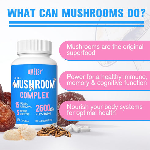 Mushroom Supplement 2600mg, 20-IN-1 Complex - Organic Mushrooms for Natural Energy, Immunity, Memory, Focus & Longevity