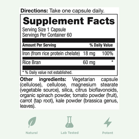Yuve 100% Vegan Whole Food Iron Supplement 18mg – Non-Constipating, Gentle on Stomach, Energy Support, 60 Capsules