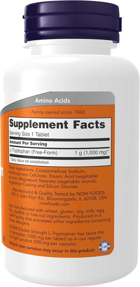 NOW Supplements, L-Tryptophan 1,000 mg, Double Strength, Encourages Positive Mood*, Supports Relaxation*, 60 Tablets