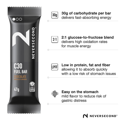 Neversecond C30 Fuel Bar, Fast-Absorbing Carbs for Performance & Endurance Nutrition, 12-Count Pack (Chocolate Flavor)