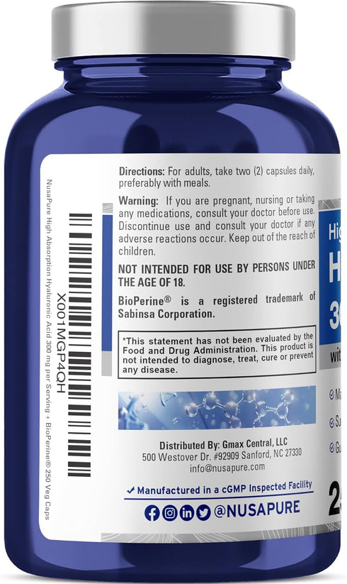 NusaPure Hyaluronic Acid 300mg, 250 Veggie Capsules, Non-GMO, Vegan