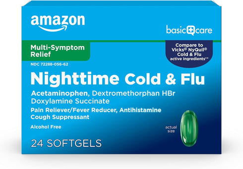 Amazon Basic Care Nighttime Cold & Flu, 24 Softgels for Cold Relief