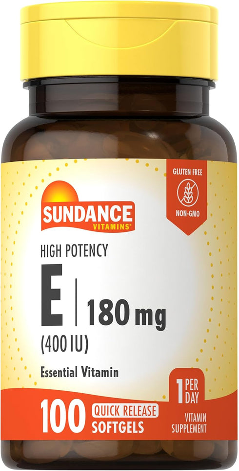Vitamin E 180mg (400 IU), 100 Quick Release Softgels, High Potency Formula, Non-GMO, Gluten Free Supplement, by Sundance