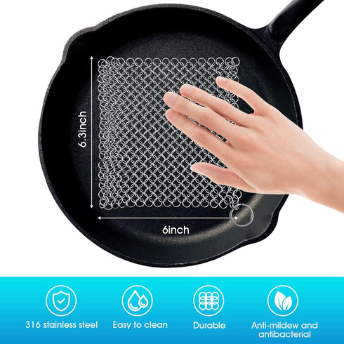 Cast Iron Cleaner 6"x6.3" 316L Stainless Steel Chainmail Scrubber for Griddle, Skillet, Dutch Oven, Wok