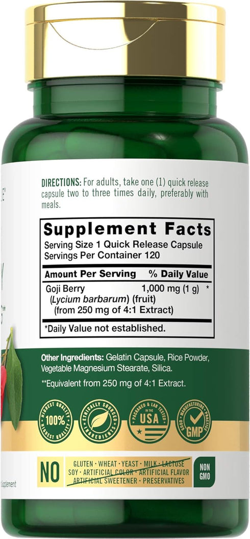 Carlyle Goji Berry 1000mg | 120 Capsules | Concentrated Extract from Wolfberry Plant | Non-GMO, Gluten Free