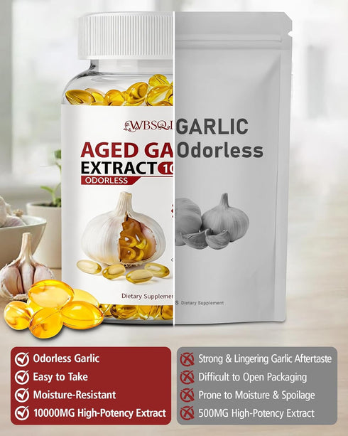 WBSQL 10,000 300 2 Immune Odorless Aged Garlic Extract mg - Softgels, Year Aged Garlic Supplements for Heart & Support