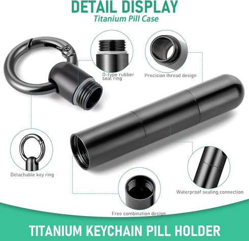 TISUR Keychain Pill Holder, Portable Waterproof Titanium Pill Organizer for Daily Travel - Black