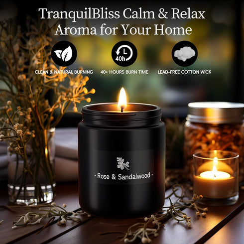 TranquilBliss 7.6oz Rose & Sandalwood Black Scented Candles for Men - Soy Wax Candle for Home Scented - Men Candle