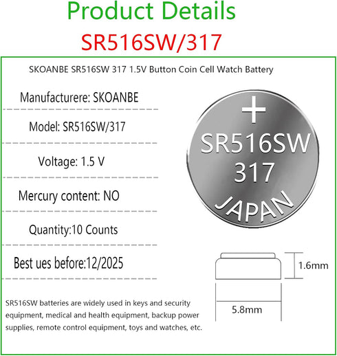 SKOANBE SR516SW 317 1.5V Button Coin Cell Silver Oxide Watch Battery(10-Packs)
