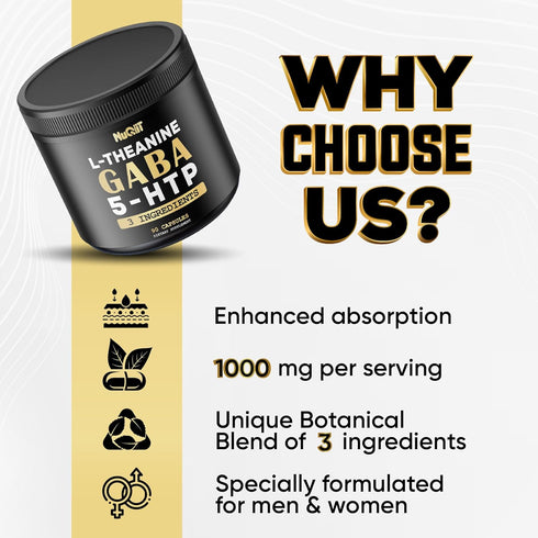 90 Capsules 3in1 GABA Supplements 750mg L-Theanine 200mg & 5-HTP - Equivalent to 1000mg - Support Comfortable Mood,