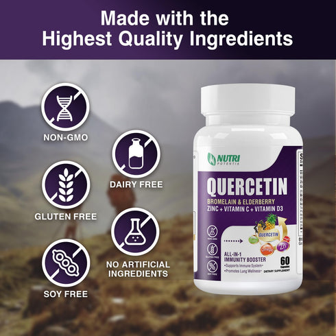 Quercetin with Bromelain, 500mg Capsules, Vitamin C & D3, Zinc, Elderberry for Lung Immune Support, 60 Capsules