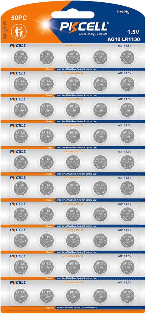 PKCELL 50 Pack LR1130 Battery AG10 389 390 LR54 Button Cell Battery for